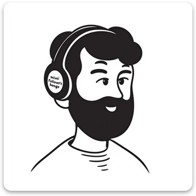 A person with black hair, brown eyes, black beard wearing a gaming headset "merci Followers" sticker
