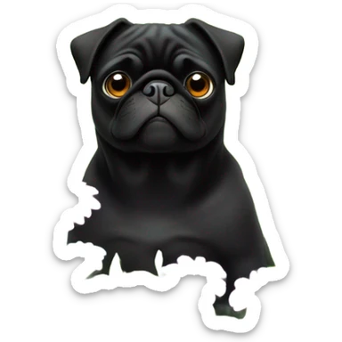 Black pug , surrounded by flowers, holding a green sign that says “good luck”  sticker