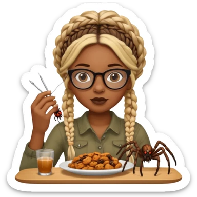 black girl with blond boho braids and clear glasses eating a spider  sticker