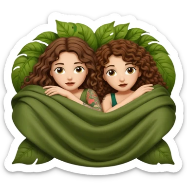 fake sleep pose — long wavy brown hair tattooed woman and short tight curly brown hair woman — peeking under leaf blanket sticker