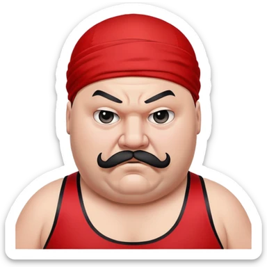 Extreme close-up of face of morbidly obese white skin guy with young face, prominent BLACK DURAG tied clearly on head, distinct black beard and mustache, black eyes in a red and black wrestling singlet with angry expression sticker