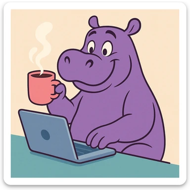 A cartoon hippo sitting at a laptop, drinking coffee, in the style of Disney animation. sticker