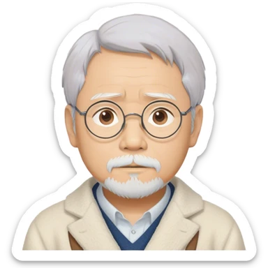 Cinematic Realistic Hayao Miyazaki Portrait Emoji, depicted as a visionary filmmaker with a gentle imaginative expression and artistic flair, rendered with delicate textures and soft enchanting lighting that captures his legendary storytelling. sticker