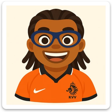 Turn this footballer into an emoji style image, keeping his signature dreadlocks, sports goggles, and orange football jersey. Simplify features for emoji style with an energetic expression. sticker