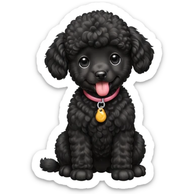 A high-resolution square-format digital illustration of a black poodle puppy in a clean, emoji-inspired semi-realistic style. The poodle is shown from the chest up, facing forward with a slight tilt of the head to the left, tongue out playfully. sticker