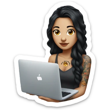 beautiful girl, with arm tattoos, with long black hair, wavy hair, chinese, with laptop sticker