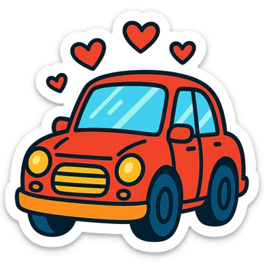 red car with floating hearts, vibrant cartoon style sticker