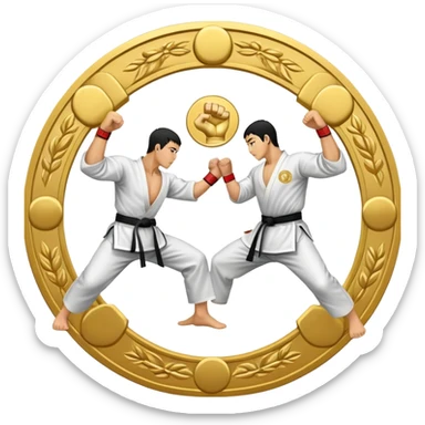 Round emblem symbolizing striking martial arts. The emblem features two fighters in dynamic stances, one delivering a powerful punch while the other defends with a block. In the center, a stylized fist and foot crossed to represent the essence of striking.  sticker