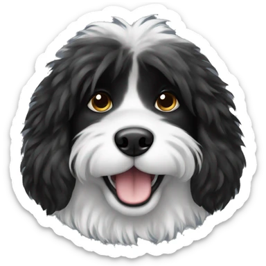 Fluffy black dog with white sticker