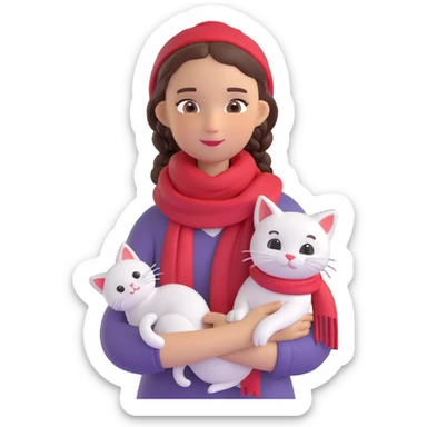 A girl with a braid and a red scarf holding a white cat, in a warm, cozy setting. sticker