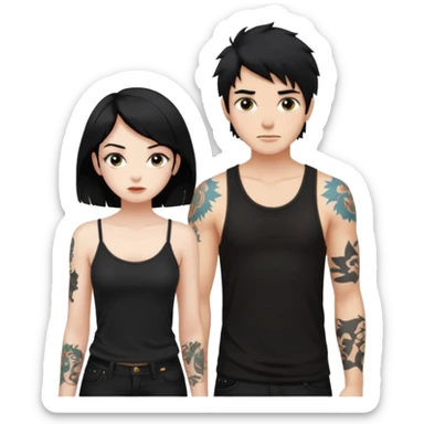 generate a fair boy with messy black hair, tattoos. standing beside a fair black haired girl wearing a black cami top. sticker