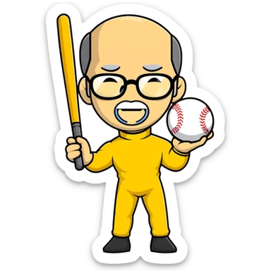 Steve Jobs with glasses and black turtleneck under Bruce Lee yellow jumpsuit, holding baseball bat and ball sticker
