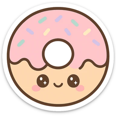 cute cartoon donut with pink frosting and sprinkles, smiling face sticker