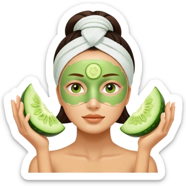 woman with green facial mask, cucumber slices on eyes, spa relaxation sticker