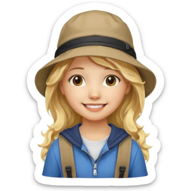 a young student girl with the backpack with bucket hat, blonde wavy long hair sticker