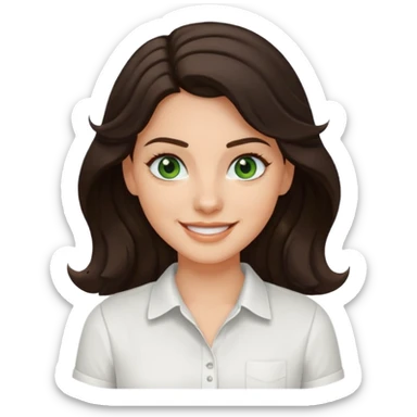 A White girl with wavy and dark hair, dark green eyes and a white shirt smiling sticker