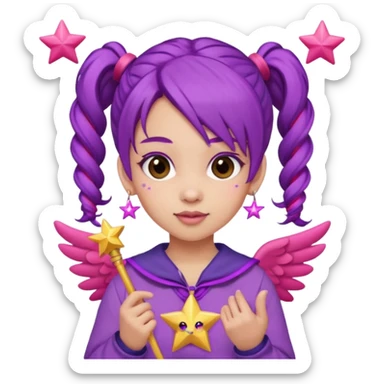 Create an emoji of a fairy-like woman with purple hair tied into two pigtails, red stars in her hair, wearing a pink outfit and pink wings. She is holding a pink star-shaped wand and wearing purple circular earrings. sticker