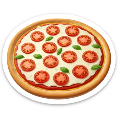 margarita pizza with melted cheese and tomato sticker