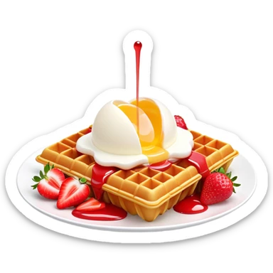 3D rendered Hong Kong egg waffle folded with strawberries and cream, vibrant red and white colors, hyper-realistic bubbled texture, glossy finish, detailed bubble surfaces, fun presentation, soft lighting sticker
