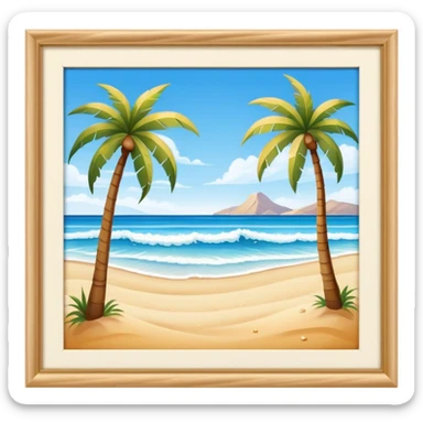 Cinematic Realistic Beach Emoji in a wooden frame, Sunny and bright, with soft golden sand stretching as far as the eye can see, gently lapping waves crashing onto the shore, and a clear, blue sky above. Palm trees sway in the warm breeze, crystal clear water of the waves on the landscape. Soft glowing outline, capturing the essence of a relaxed, joyful beach day filled with sun, sand, and surf! sticker