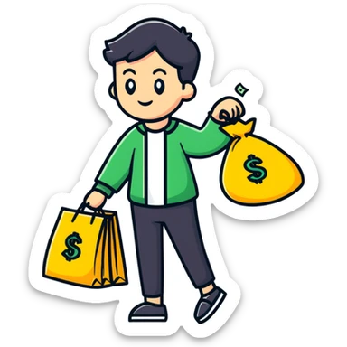 Person carrying money bag supporting a family, financial provider sticker