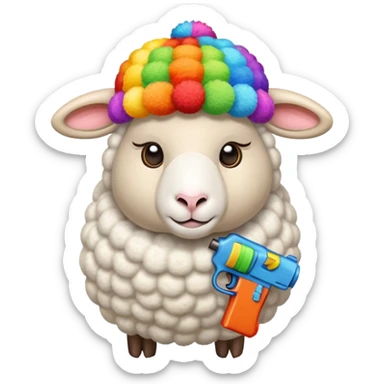 a sheep holding two guns and wearing a childish colorful propeller hat  sticker