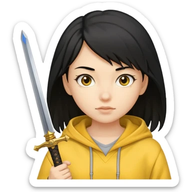 black haired girl holding sword and wearing yellow hoodie sticker