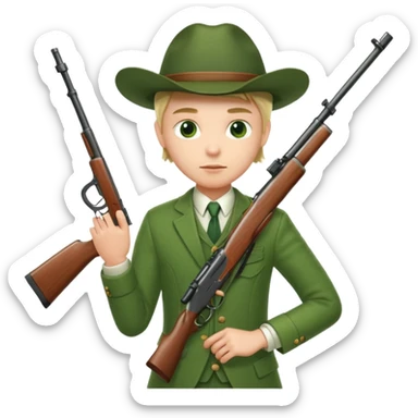 hunter in green traditional suit, aiming with a rifle sticker
