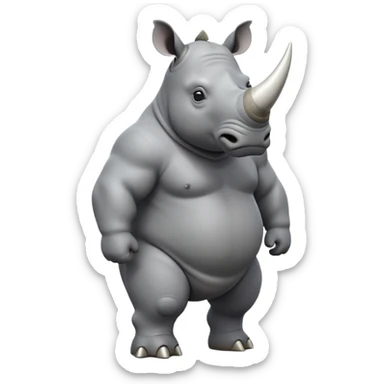 cinematic-rhino-full-body-standing-emoji,white horn, slate grey skin -massive-body-poised-powerfully,-thick-horn-curving-slightly-forward,-head-tilted-dramatically,-rough-grey-hide-covered-in-dust,-simplified-focused-features, sticker