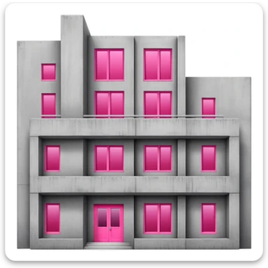 Gray concrete brutalist architecture with a single bright pink window and multiple regular windows sticker