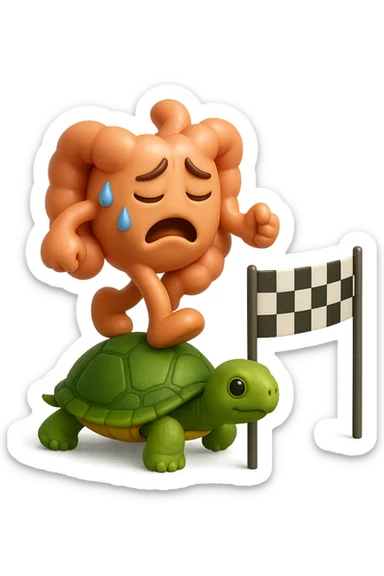  EMOJI STILE IPHONE 3D DI UN INTESTINO CON ESPRESSIONE ANGOSCIATA CHE CAMMINA SUL GUSCIO DI UNA TARTARUGA IN ATTESA ESTENUANTE DI RAGGIUNGERE UN TRAGUARDO POCO PIù AVANTI, SULLA LORO DESTRA. IL TRAGUARDO è UNA BANDIERA A DUE PIEDI CON FASCIA A SCACCHI BIANCHI E NERI. iperrealistico 4k sticker