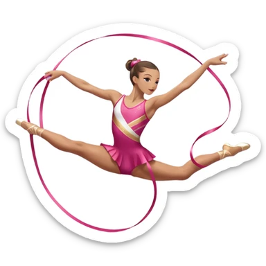 A graceful rhythmic gymnast performing with a flowing ribbon, executing an elegant leap mid-air. The pose exudes flexibility, balance, and artistry. The background suggests a competition arena with soft lighting, emphasizing movement, precision, and the beauty of the sport. sticker
