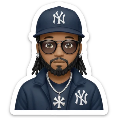 African American man with shoulder length black dreadlocks with black beard wearing black sunglasses wearing a New York Yankees logo baseball cap wearing a black bubble winter coat with diamond cross necklace on his neck sticker