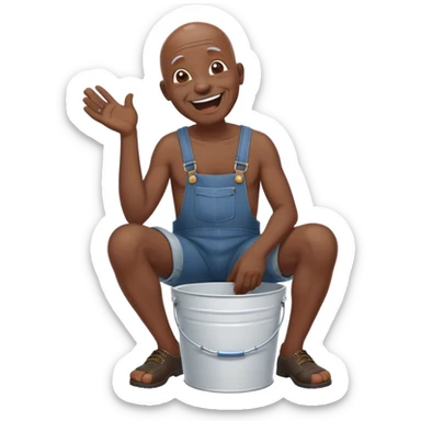 Side view Laughing telling story Old bald black man sitting on white bucket wearing overalls no shirt sticker
