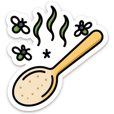 Add flies buzzing around the dirty, old spoon with greenish foul odor vapors. Use icon style with clear outline and simple shading. Preserve transparent background. sticker