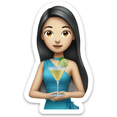 Pretty Asian girl with long hair wearing blue dress drinking martini sticker