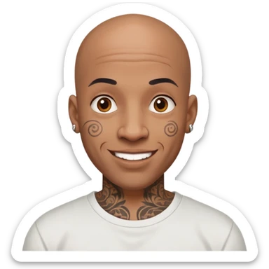 bald black man with intricate face tattoos, cheerful expression, wearing a t-shirt sticker