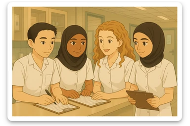 Remove the stethoscopes from the image. Transform the nursing students' outfits into closed white uniforms with short sleeves, without any undershirts. Preserve the faces as much as possible compared to the original image. sticker