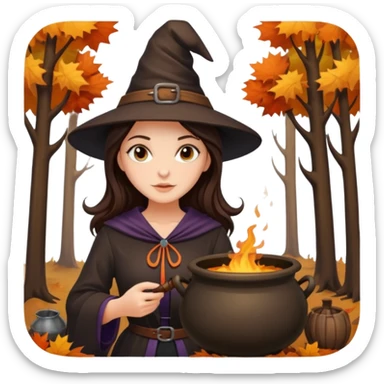 Pretty Brunette Witch in forest with trees changing colors  with cauldron during autumn  sticker