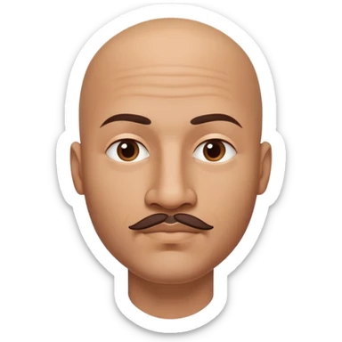 Bald man with oval smooth head, indigenous facial features, 37 years old, with only a mustache and contour from chin to lips, memoji style sticker