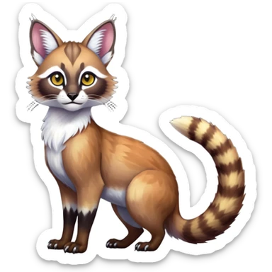 Colorful dark tropical white iridescent glorious divine exotic cute cool beautiful shiny beautiful fantasy-caracal-civet-genet-sergal-vernid-Cacomistle-oncilla-animal-Fakémon-hybrid-fursona (full body) sticker