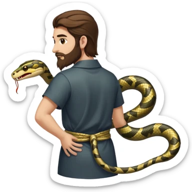 full body man long brown hair brown eyes medium beard white skin seen from behind, snake wrapped around arm and back sticker