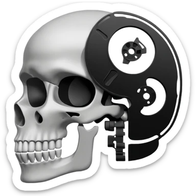 Minimalist emoji-style sticker of a human skull in profile, with a film reel replacing the brain. Grayscale icon with bold silhouette.
 sticker