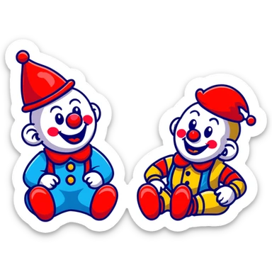 two clowns playing musical chairs, whimsical cartoonish style sticker