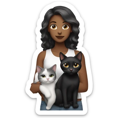 emoji of black female holding a long hair black cat and a white belly cat with grey and black top accents sticker