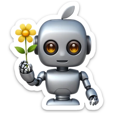 cute robot holding a tiny flower, color #b0f2f8, apple emoji style sticker