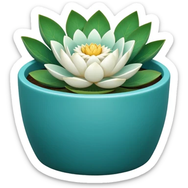 Decorative turquoise ceramic flower pot with a low, cylindrical shape and a lotus flower plant sticker