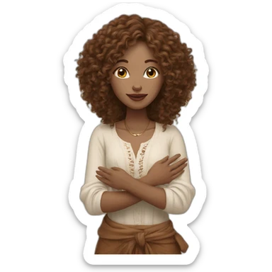 woman-designer in boho style(pale skin, brown middle curly hair) shows heart with her hands sticker