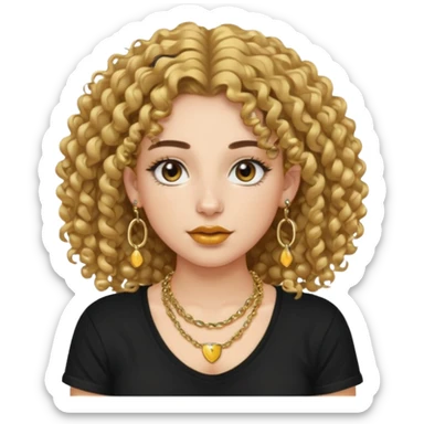 Chica de pelo rizado de tez blanca, pestañas, extra largas, cejas, pobladas, nariz, pequeña, labios grandes, usando una cadera dorada, junto con unas dorada y una camiseta negra sticker