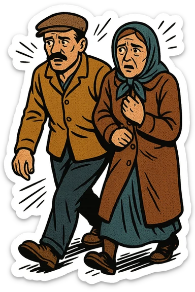 A poor eastern european husband and wife looking worried while walking outside sticker